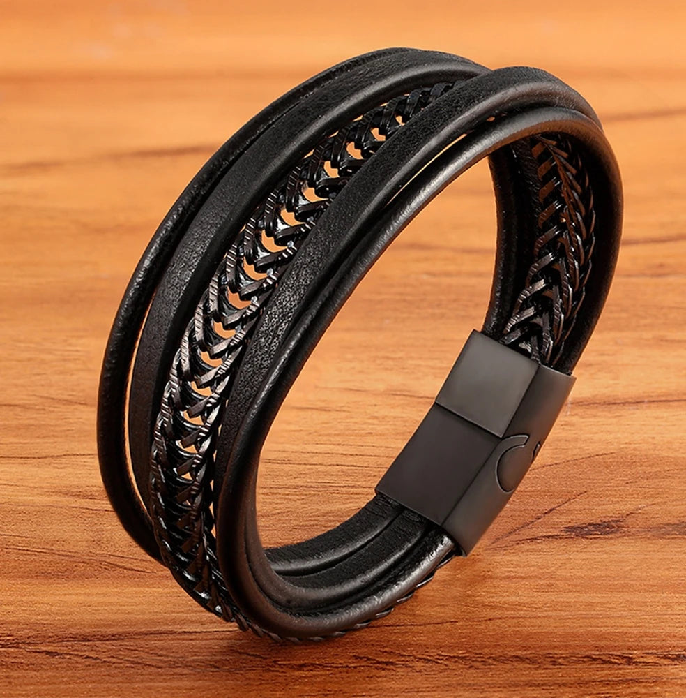 XQNI Stainless Steel Leather Bracelet Charm Jewelry Magnetic Clasp