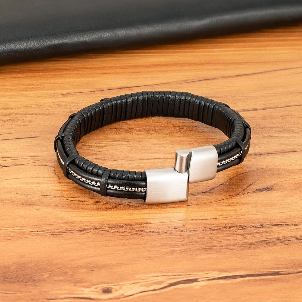 XQNI Stainless Steel Leather Bracelet Charm Jewelry Magnetic Clasp