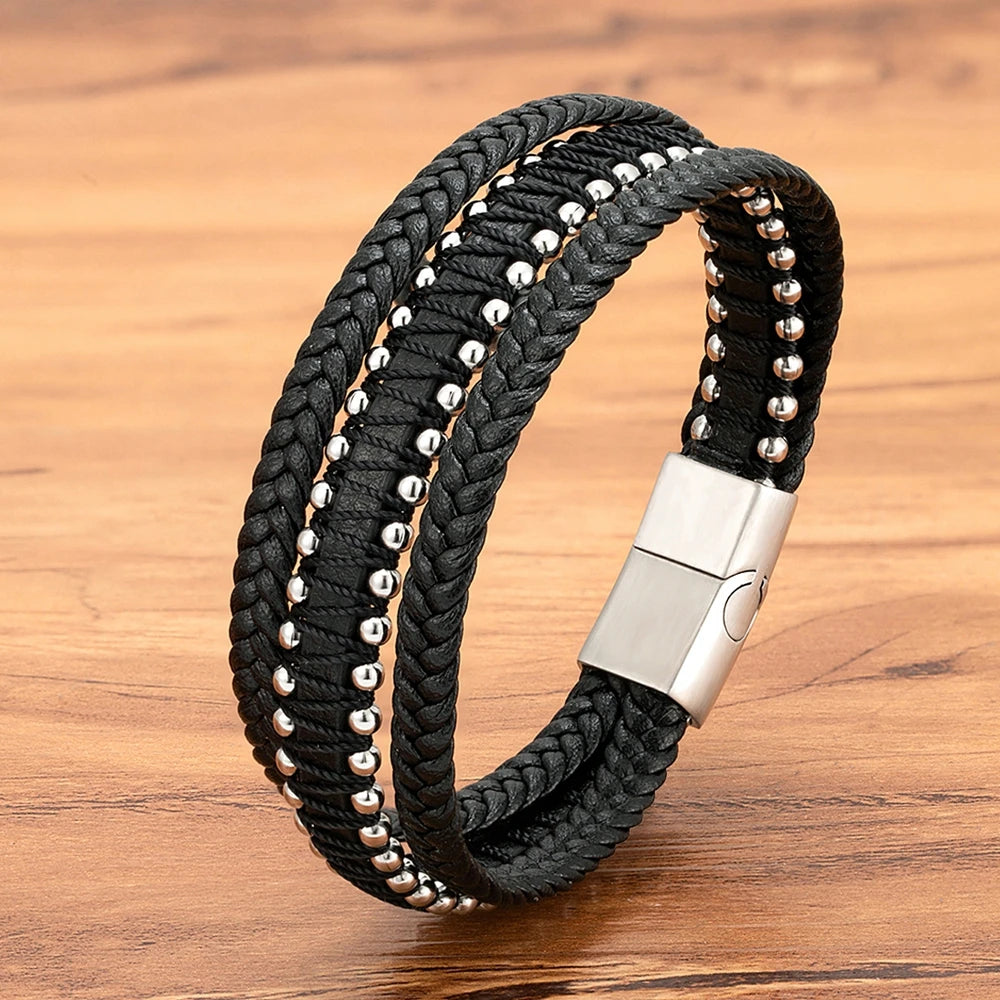 XQNI Stainless Steel Leather Bracelet Charm Jewelry Magnetic Clasp