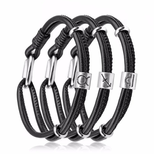 Genuine Constellation 12 Zodiac Signs Leather Bracelet