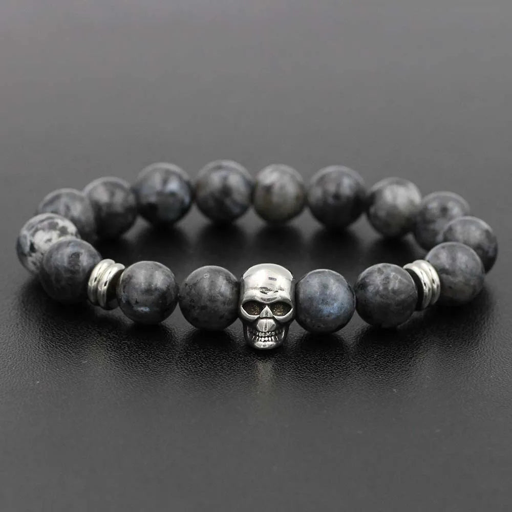 Stainless Steel Charm Bracelet  with Black Natural Stone Beads