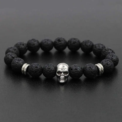 Stainless Steel Charm Bracelet  with Black Natural Stone Beads