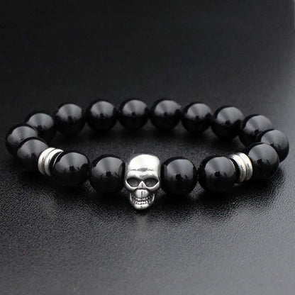 Stainless Steel Charm Bracelet  with Black Natural Stone Beads