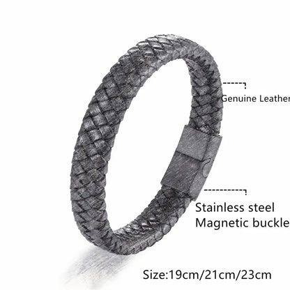 MKENDN Leather Bracelet Black with a Stainless Steel Magnetic Clasp Braided Woven Bangle