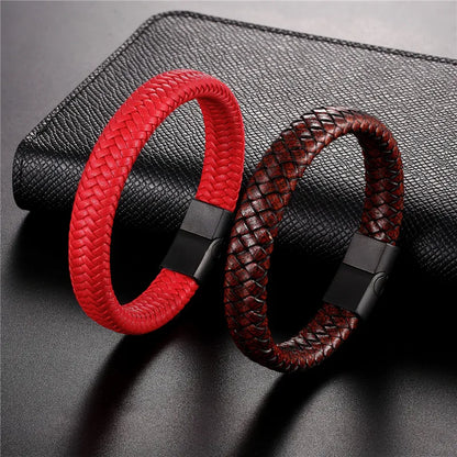 MKENDN Leather Bracelet Black with a Stainless Steel Magnetic Clasp Braided Woven Bangle