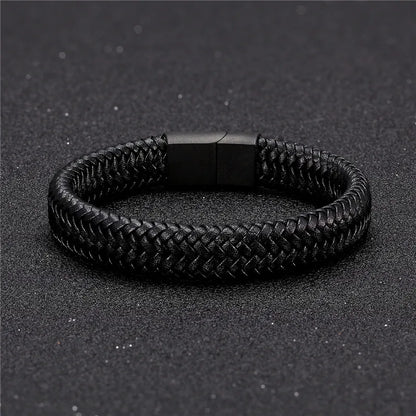 MKENDN Leather Bracelet Black with a Stainless Steel Magnetic Clasp Braided Woven Bangle