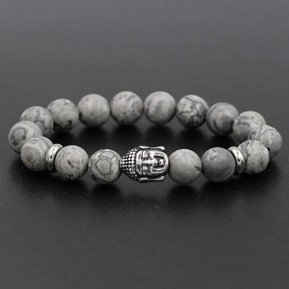 Stainless Steel Charm Bracelet  with Black Natural Stone Beads