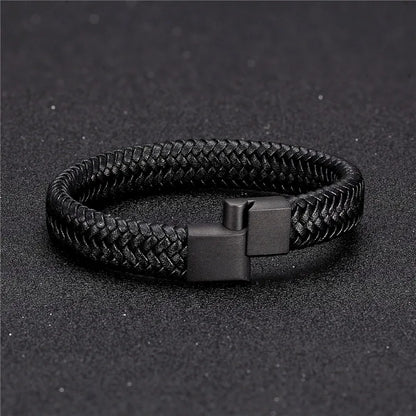 MKENDN Leather Bracelet Black with a Stainless Steel Magnetic Clasp Braided Woven Bangle