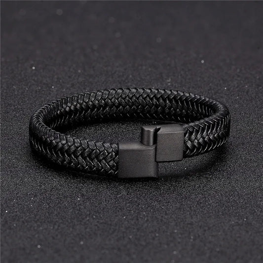 MKENDN Leather Bracelet Black with a Stainless Steel Magnetic Clasp Braided Woven Bangle