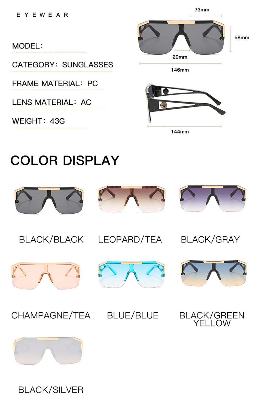 Italian Inspired Design Vintage Metal Big Frame Semi-Rimless Sunglasses