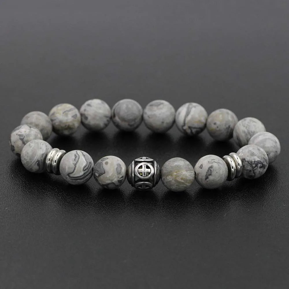 Stainless Steel Charm Bracelet  with Black Natural Stone Beads