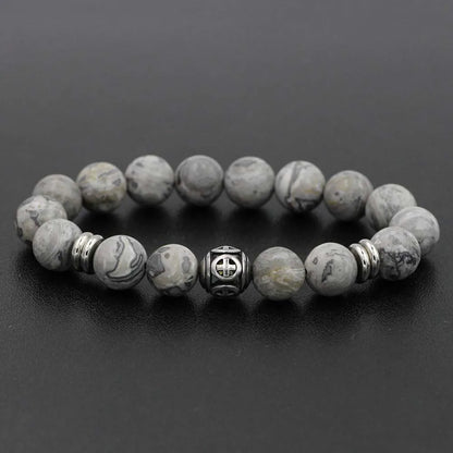 Stainless Steel Charm Bracelet  with Black Natural Stone Beads