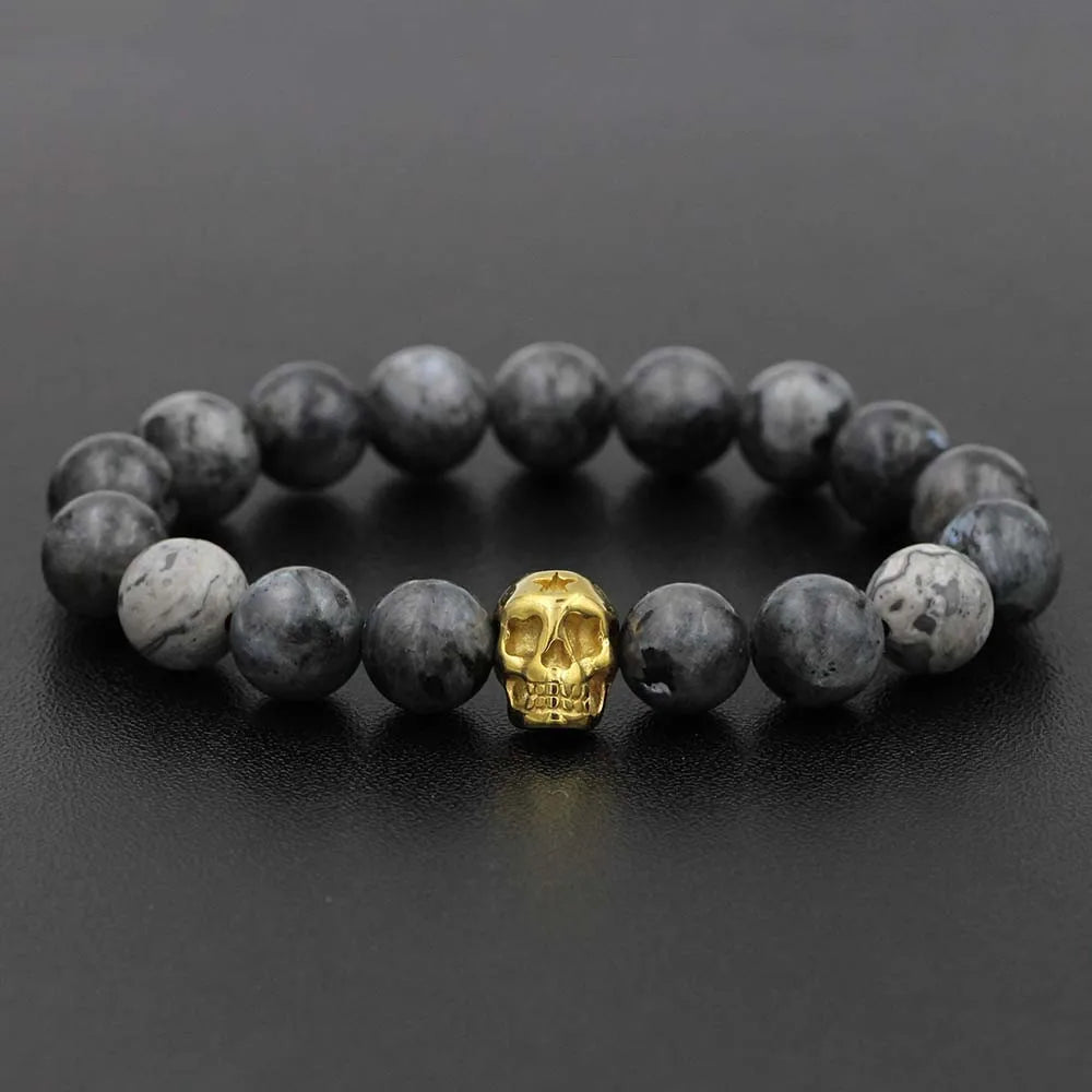 Stainless Steel Charm Bracelet  with Black Natural Stone Beads