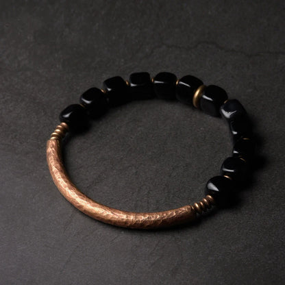 Cubic Black Obsidian Bracelet with  Antique Copper