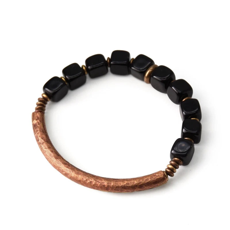 Cubic Black Obsidian Bracelet with  Antique Copper