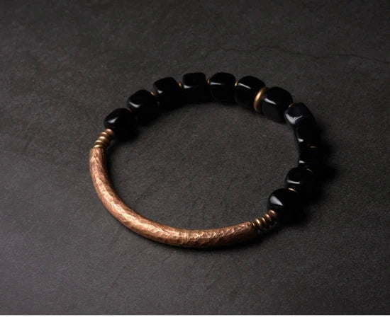 Cubic Black Obsidian Bracelet with  Antique Copper