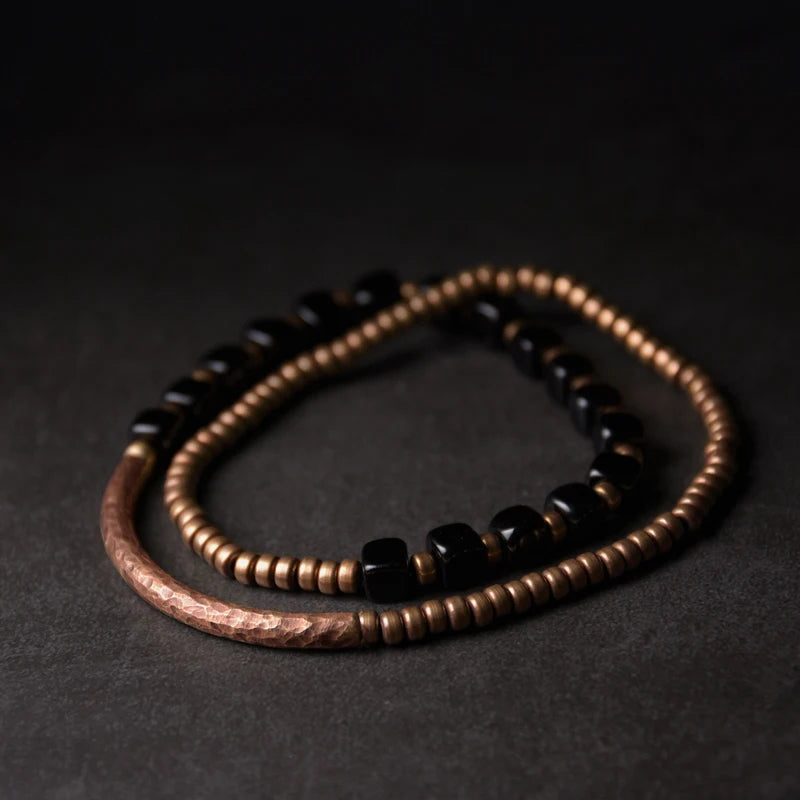 Cubic Black Obsidian Bracelet with  Antique Copper
