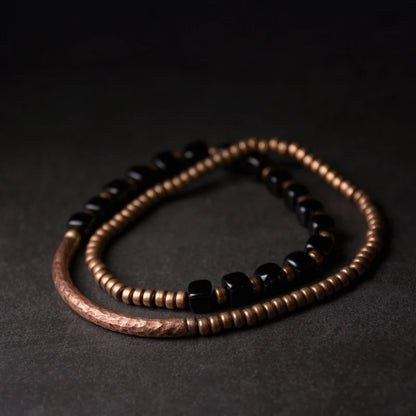 Cubic Black Obsidian Bracelet with  Antique Copper