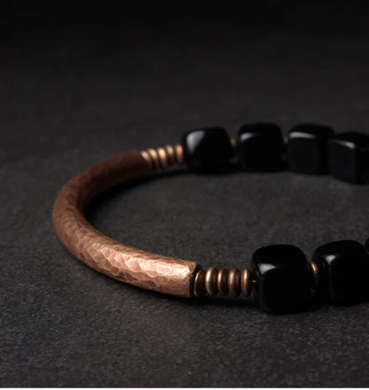 Cubic Black Obsidian Bracelet with  Antique Copper