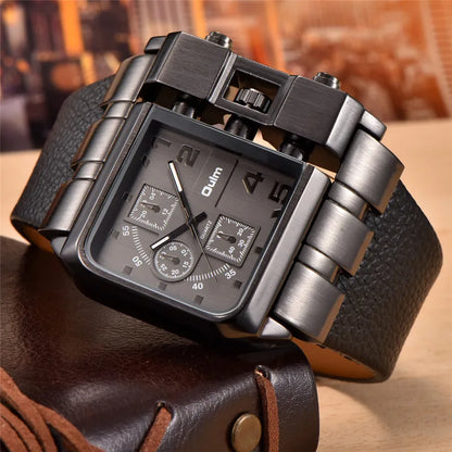 Oulm Western Big Dial Square Casual Built-in Button Quartz Watch