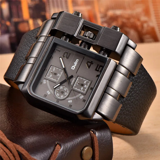 Oulm Western Big Dial Square Casual Built-in Button Quartz Watch