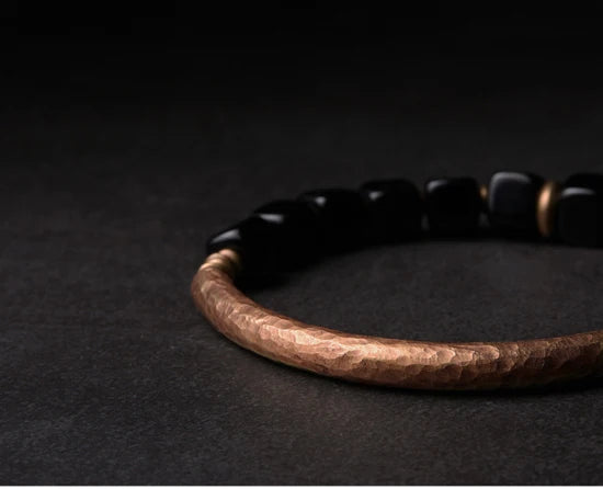 Cubic Black Obsidian Bracelet with  Antique Copper