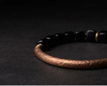Cubic Black Obsidian Bracelet with  Antique Copper