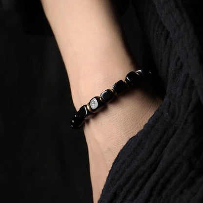 Cubic Black Obsidian Bracelet with  Antique Copper