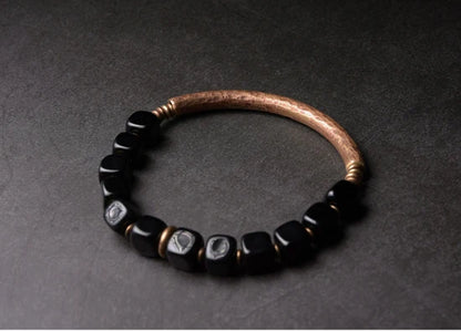 Cubic Black Obsidian Bracelet with  Antique Copper