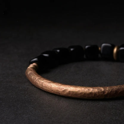 Cubic Black Obsidian Bracelet with  Antique Copper