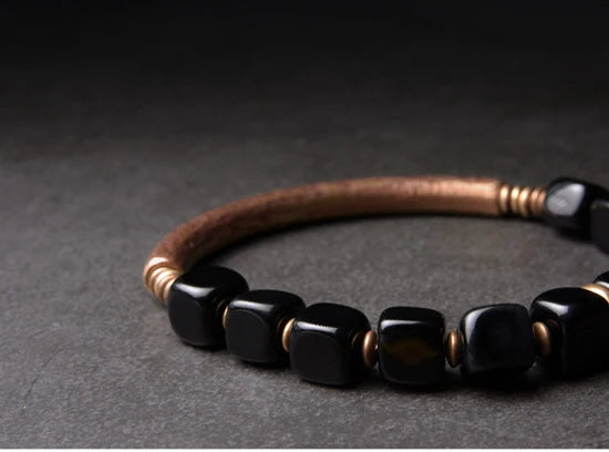 Cubic Black Obsidian Bracelet with  Antique Copper