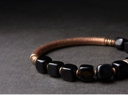 Cubic Black Obsidian Bracelet with  Antique Copper