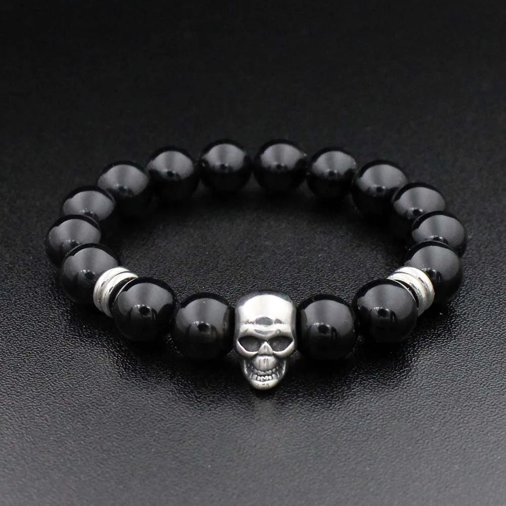 Stainless Steel Charm Bracelet  with Black Natural Stone Beads