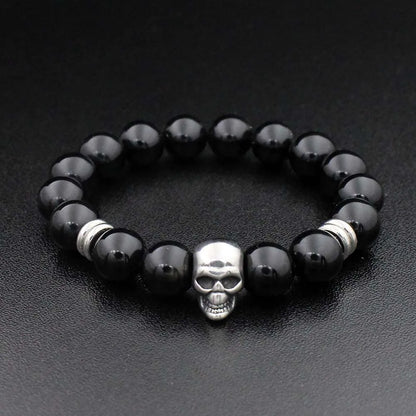 Stainless Steel Charm Bracelet  with Black Natural Stone Beads