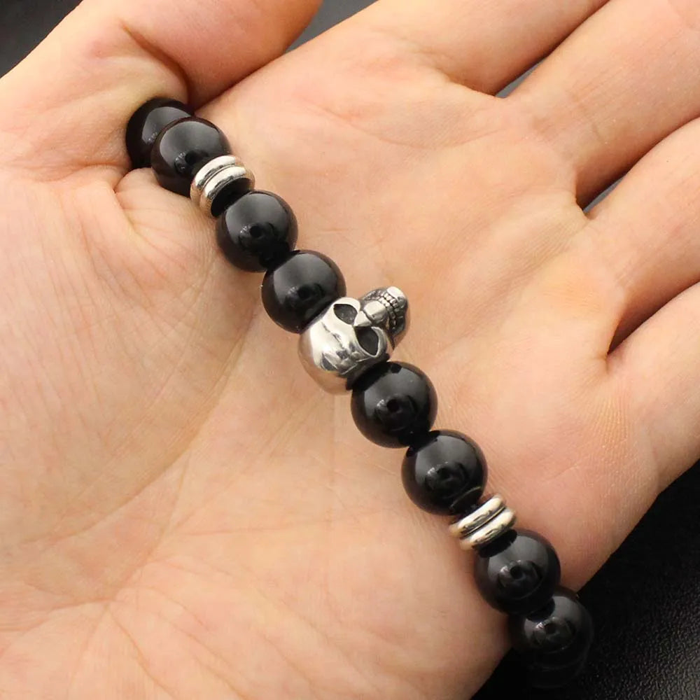 Stainless Steel Charm Bracelet  with Black Natural Stone Beads