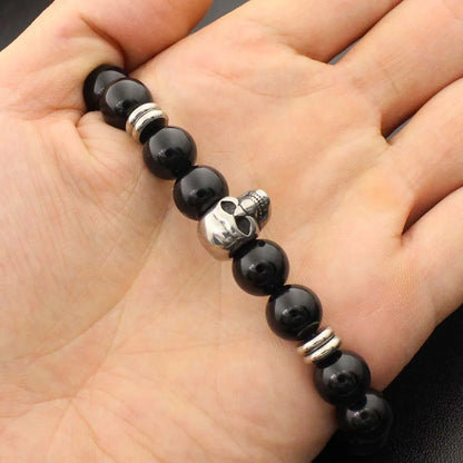 Stainless Steel Charm Bracelet  with Black Natural Stone Beads