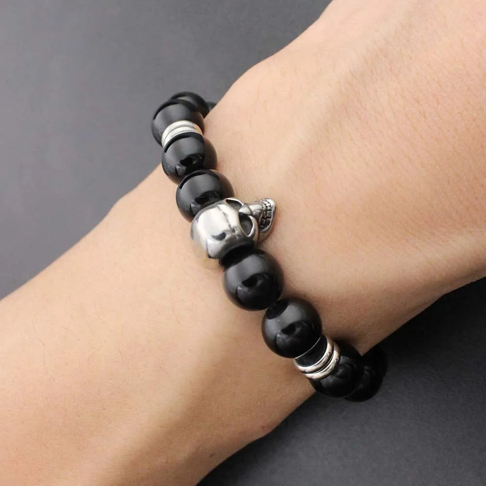 Stainless Steel Charm Bracelet  with Black Natural Stone Beads