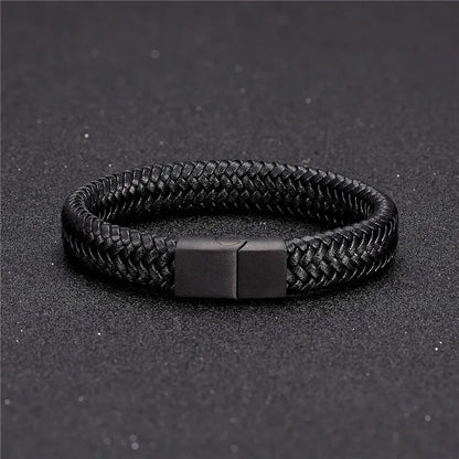 MKENDN Leather Bracelet Black with a Stainless Steel Magnetic Clasp Braided Woven Bangle
