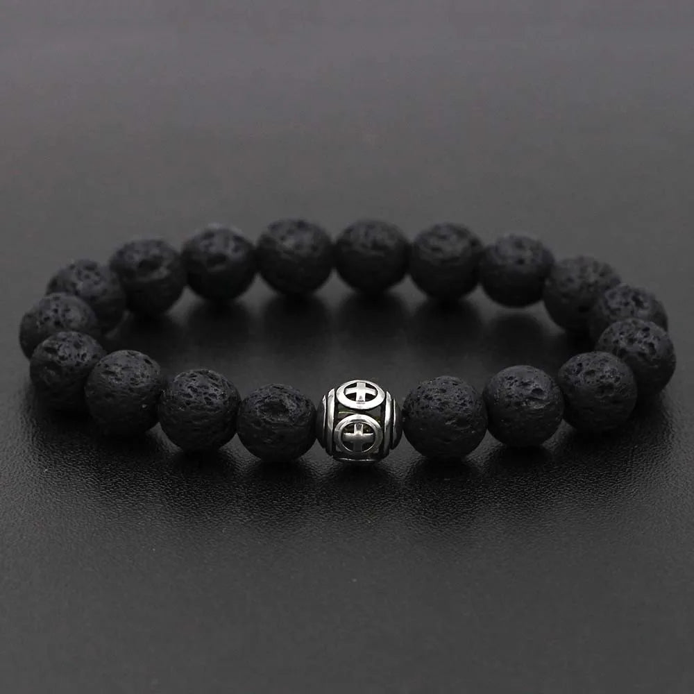 Stainless Steel Charm Bracelet  with Black Natural Stone Beads