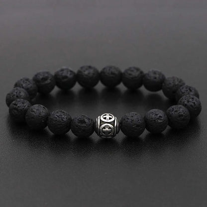 Stainless Steel Charm Bracelet  with Black Natural Stone Beads