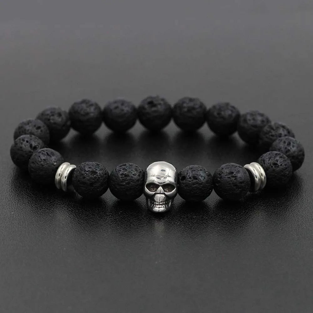 Stainless Steel Charm Bracelet  with Black Natural Stone Beads