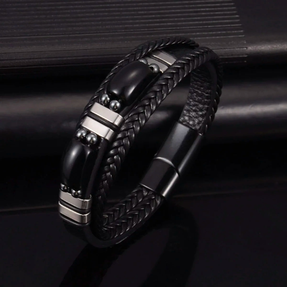 FS Stainless Steel Natural Stone Leather Handmade Adjustable Bohemian Bead Bracelet