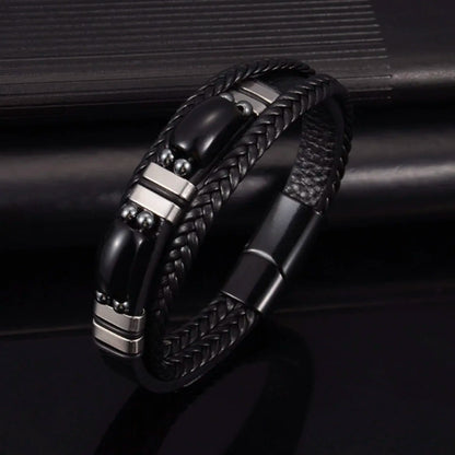 FS Stainless Steel Natural Stone Leather Handmade Adjustable Bohemian Bead Bracelet