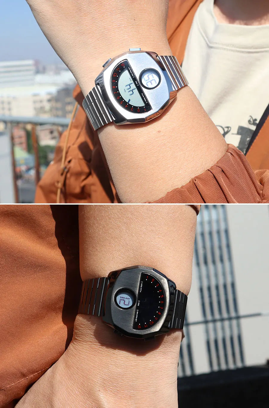 Retro Futuristic Stainless Steel Digital Wristwatch