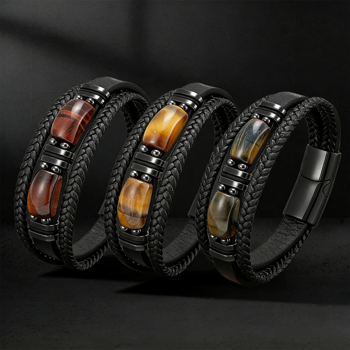 FS Stainless Steel Natural Stone Leather Handmade Adjustable Bohemian Bead Bracelet