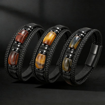 FS Stainless Steel Natural Stone Leather Handmade Adjustable Bohemian Bead Bracelet