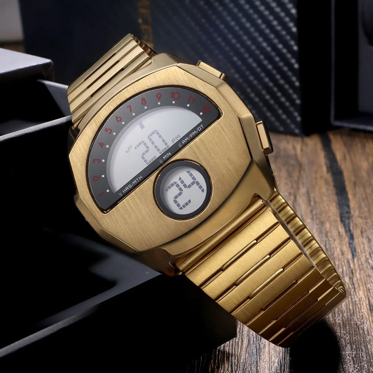 Retro Futuristic Stainless Steel Digital Wristwatch