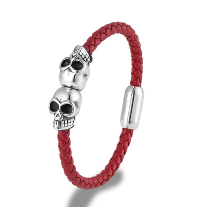 Black Braided Leather Skull Bangle Bracelet