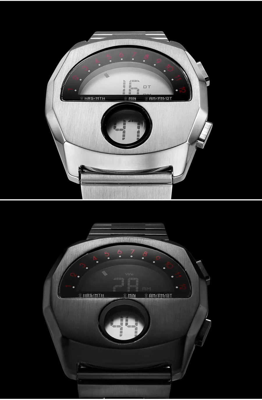 Retro Futuristic Stainless Steel Digital Wristwatch