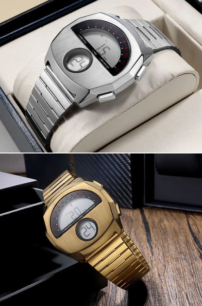 Retro Futuristic Stainless Steel Digital Wristwatch